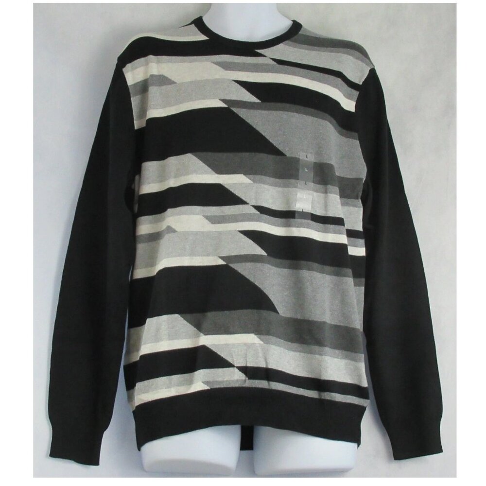 Alfani Men's Lightweight Geometric 100% Cotton Crewneck Sweater, Black Multi